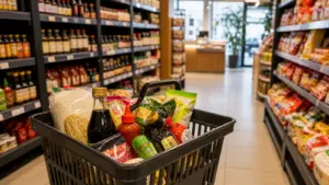 Panier de courses rempli de produits asiatiques dans une épicerie spécialisée