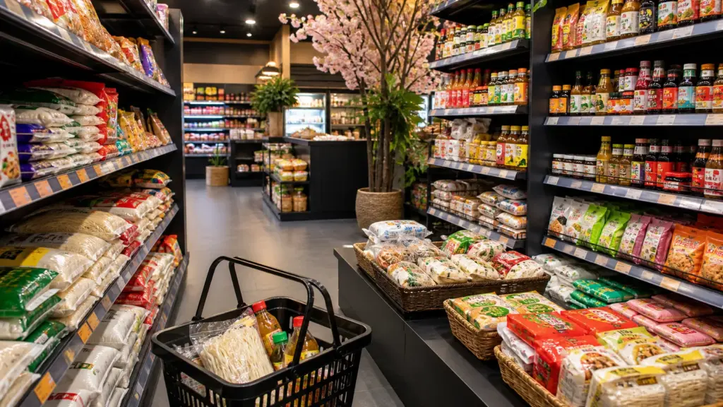 Rayon organisé dans une épicerie asiatique avec riz, sauces, nouilles et snacks