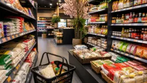 Rayon organisé dans une épicerie asiatique avec riz, sauces, nouilles et snacks
