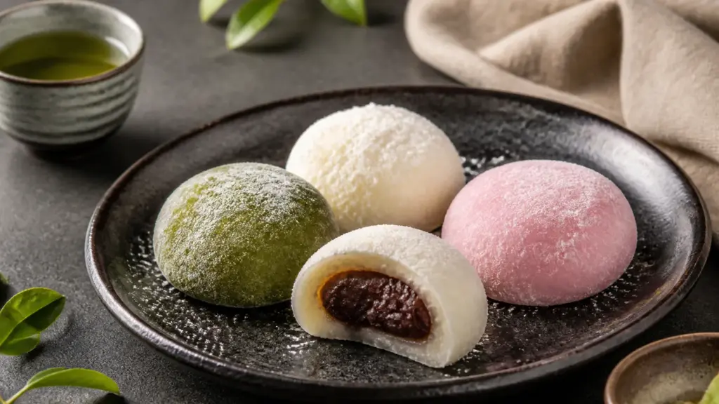 Assortiment de mochis japonais au matcha, à la fraise et aux haricots rouges