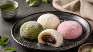 Assortiment de mochis japonais au matcha, à la fraise et aux haricots rouges