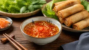 Sauce nem maison au nuoc-mâm avec ail, carotte et piment accompagnée de nems