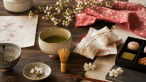 Produits japonais, vaisselle, matcha et douceurs sur une table en bois
