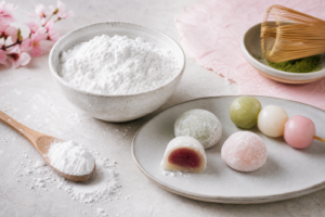 Bol de mochiko avec mochi et dango japonais sur fond clair