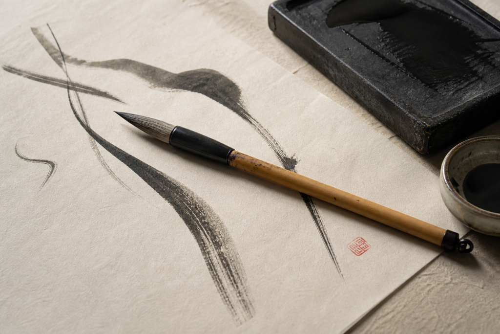 Pinceau japonais fude pose sur papier washi avec encre noire