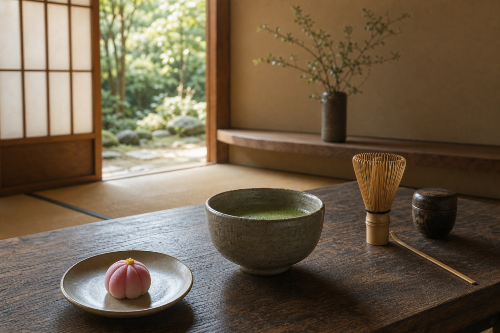 Salon de the japonais calme avec bol de matcha et wagashi