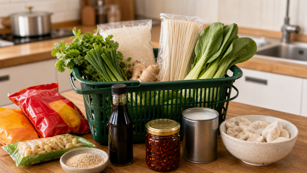 Panier de courses avec riz, nouilles, sauces, legumes et produits asiatiques